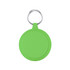 A green circular keychain with a metal ring, designed for attaching to keys or bags.