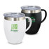 A drink bottle set featuring a white and a black vacuum cup with handles and stainless steel lids. Each cup has a logo.