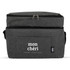A grey insulated cooler bag with a zippered top and a front pocket, featuring a logo.