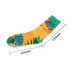 Bright yellow socks featuring tropical leaf prints in green and blue, with a contrasting green cuff.