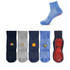 A collection of crew gripper socks in various shades of blue, grey, and navy, featuring subtle designs and a textured sole.
