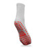 A pair of grey socks with a red grip pattern on the sole and a logo on the side.