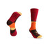 Mid-calf socks in a bold pattern featuring red, orange, brown, and yellow colours, with a logo on one sock.