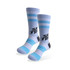 Merino wool socks in shades of blue and grey, featuring striped patterns and a logo. Suitable for casual wear.
