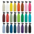 A drink bottle collection featuring various colours, including white, yellow, orange, pink, green, blue, purple, and black, with a push button lid.