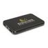 A black power bank with dual USB ports and a logo on the surface, designed for charging devices on the go.
