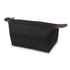 A black toiletry bag with leather accents and a zip closure. It has a rectangular shape and is made of durable material.