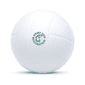 A white stress ball designed like a volleyball, featuring a circular logo.