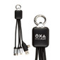 A black charging cable set with multiple connectors, featuring a keyring attachment and a logo.