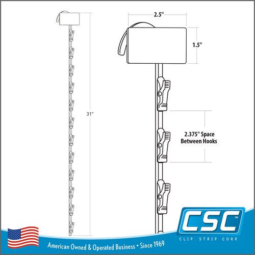 Heavy Duty Metal Clip Strip® Merchandising Strip, 12 Hook Stations, MS-29 Series. Finished Powder Coated Steel, available in Off-White, Silver/Gray, Red, Glossy Black, Kelly Green or True White