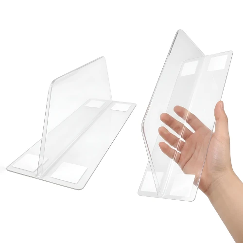 Two clear free-standing shelf dividers shown from different angles, with a hand holding one upright.