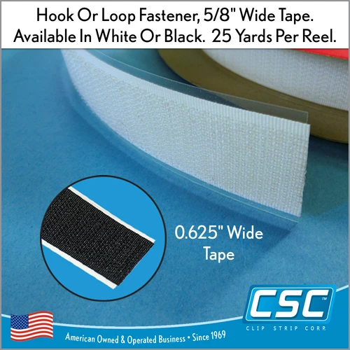 25 Yards per Roll. white or black Hook or Loop Fastener Tape, 5/8" wide, ETH-16 & ETL-16, By Clip Strip Corp.