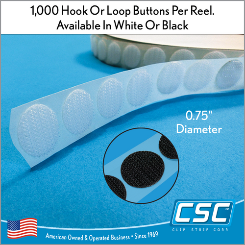 Black or White, Hook Fastener Buttons, 3/4" diameter, EBH-20. By Clip Strip Corp.