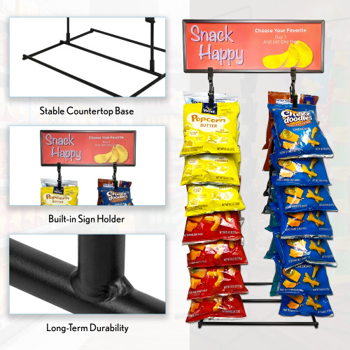 Two-wand countertop snack rack with labeled close-ups of its metal base, header holder, and welded frame.