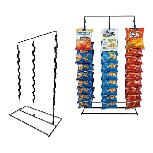 Three-wand metal countertop snack rack shown empty and stocked with three colorful rows of bagged snacks.