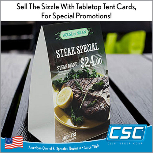affordable table tent cards custom printed, TTC-P-Series. Clip Strip Corp.'s. point-of-purchase printing.