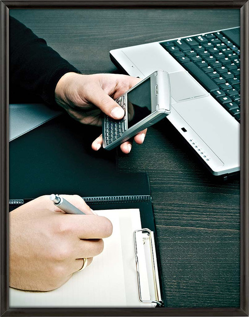 Black metal snap frame displaying promotional sale poster with glare-resistant cover for retail, office and business signage, Item# CSF1-2228