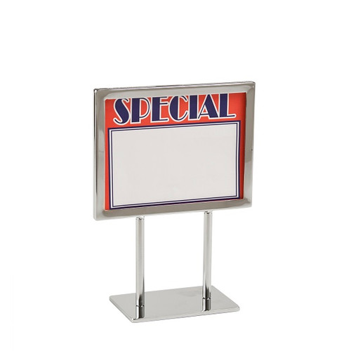 7" x 5.5" Chrome Sign Frame on 4" Stems with a 5" Base, PCSF-57-4. In-Stock Now And Ready For Same Day Shipping!
