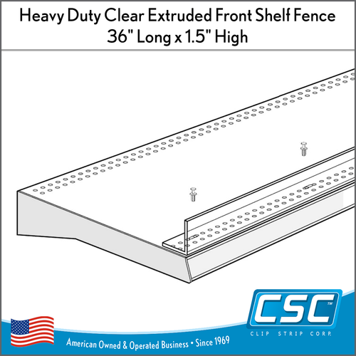 Line drawing of a 36-inch-long, 1.5-inch-high clear shelf front fence attached along a perforated retail shelf edge.