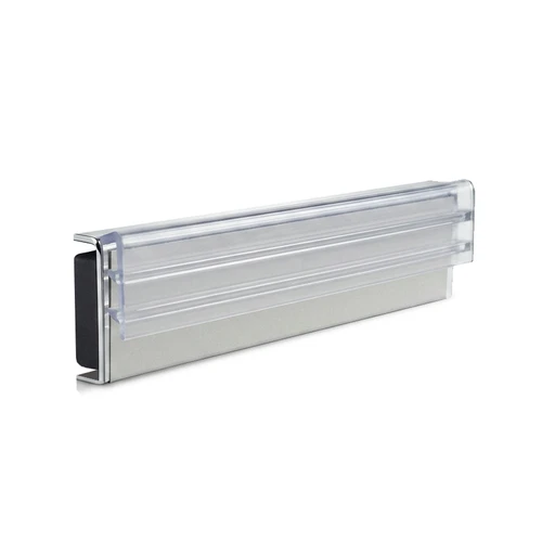 Clear three-inch magnetic sign holder with silver label channel and black magnetic back.