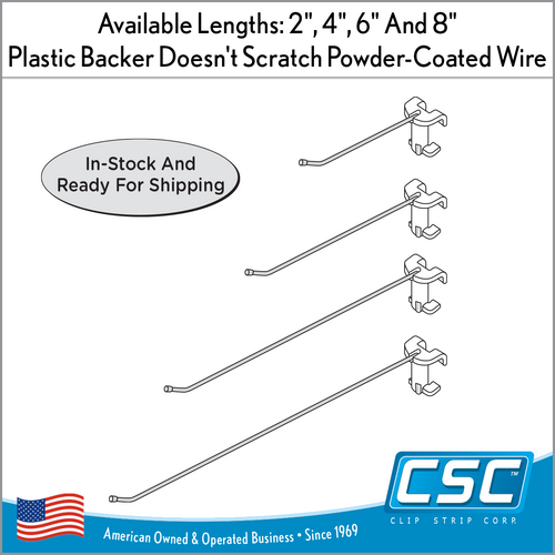 No Sag™ Easy Remove Back Wire Power Panel Wing Metal Hooks, available in 2", 4", 6" and 8" lengths.