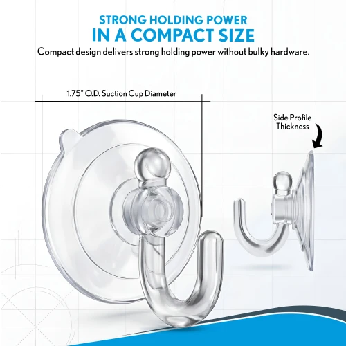 Front and side views of the clear heavy-duty suction cup hook, showing its 1.75-inch outer diameter and curved metal hook.