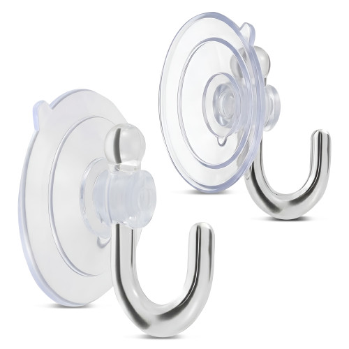 Two clear double-cup suction hooks with curved metal hooks on a white background.