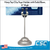 Six-inch-high silver harp-top sign holder displaying a blue promotional card above its round base.