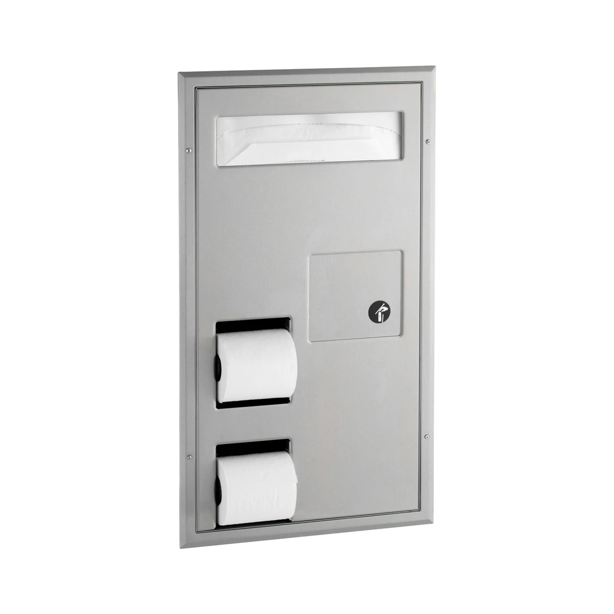 Bobrick B-3571 Partition-Mounted Toilet Tissue / Seat Cover Dispenser / Waste Disposal, Right Side While Seated — Standard