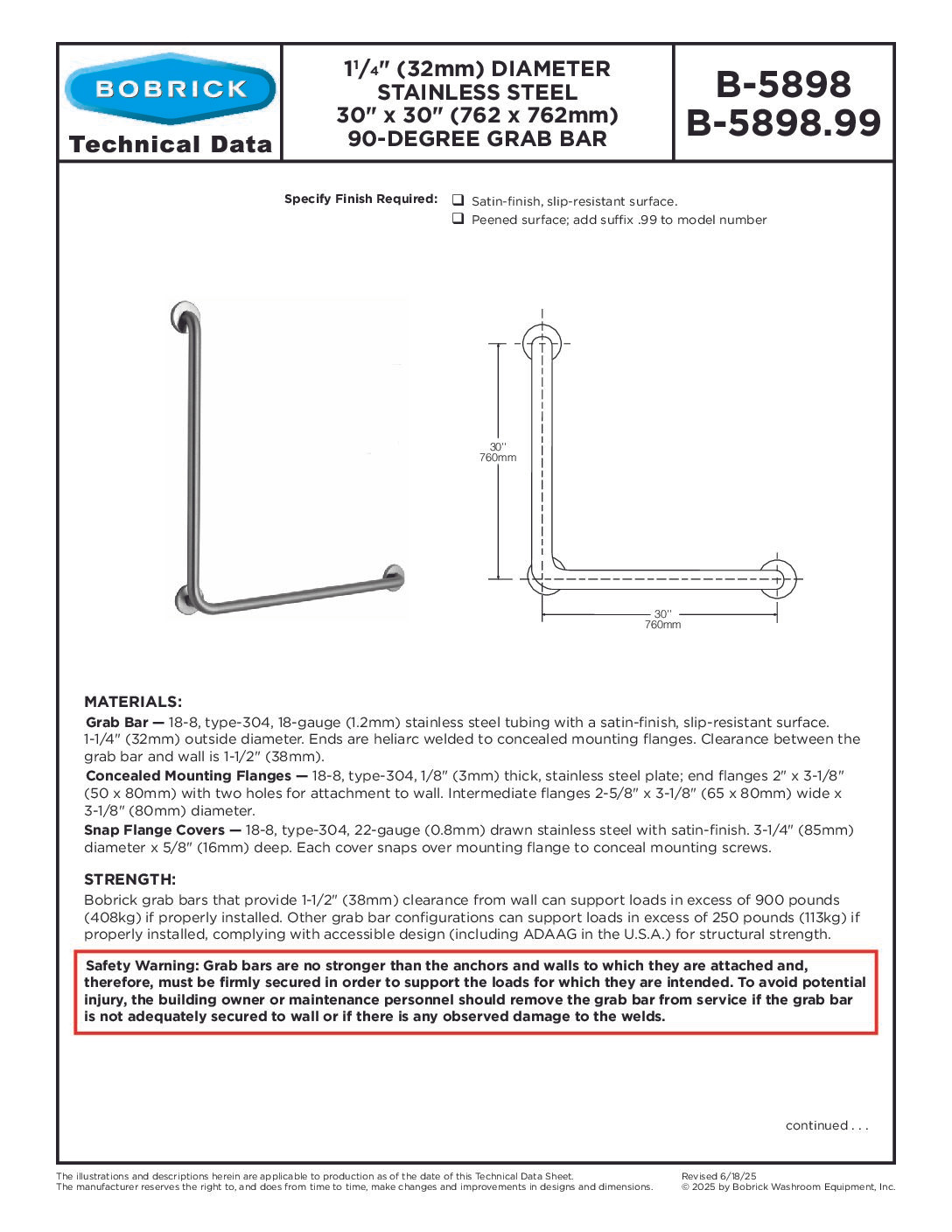 Bobrick B-5898 90 Degree Grab Bar,  1-1/4" Diameter, 30" x 30" — Peened
