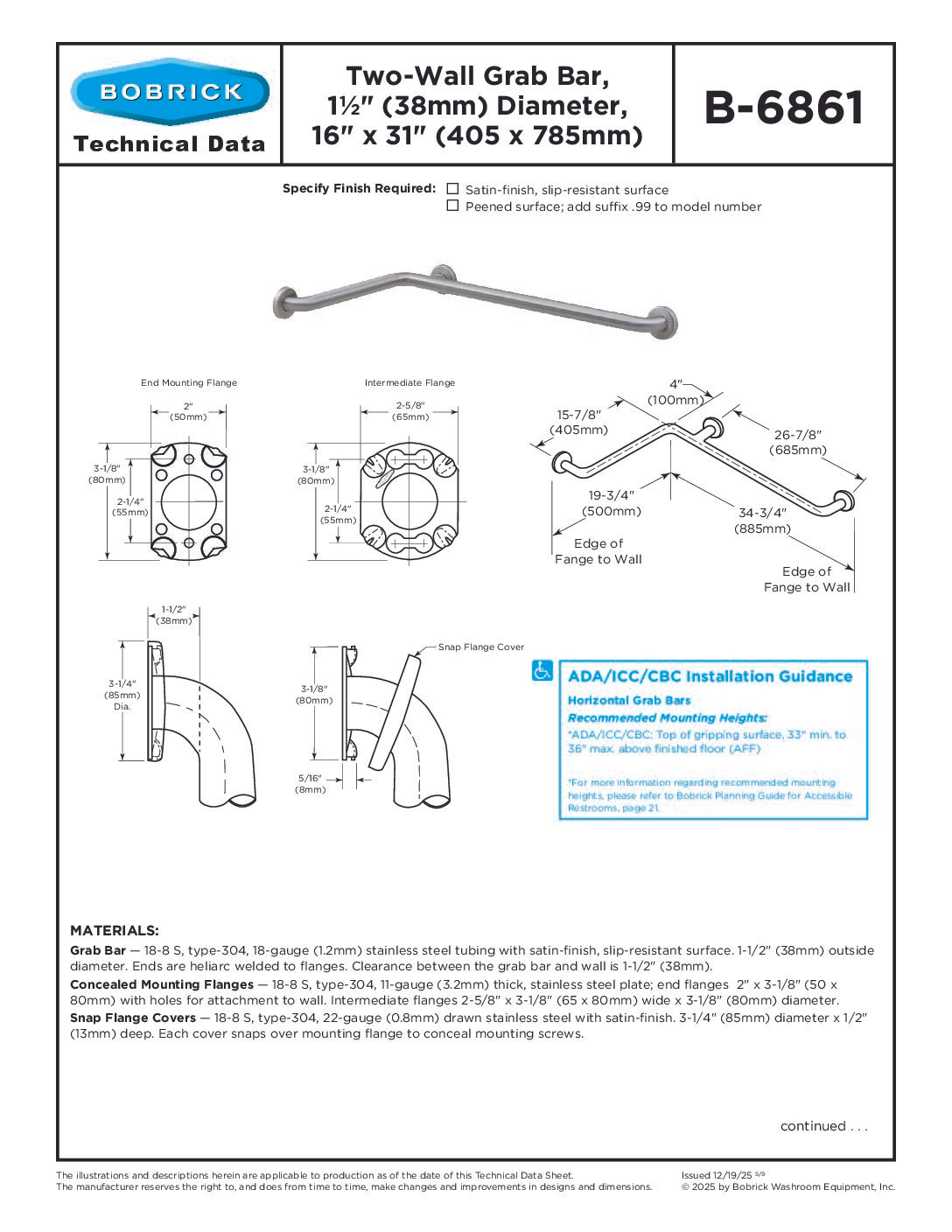 Bobrick B-6861 Two-Wall Grab Bar, 1-1/2" Diameter, Satin Finish, 16" x 31" — Standard