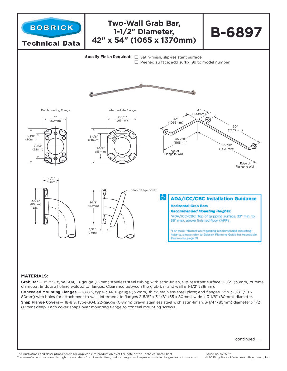Bobrick B-6897 Two-Wall Grab Bar, 1-1/2" Diameter, Satin Finish, 42" x 54" — Peened
