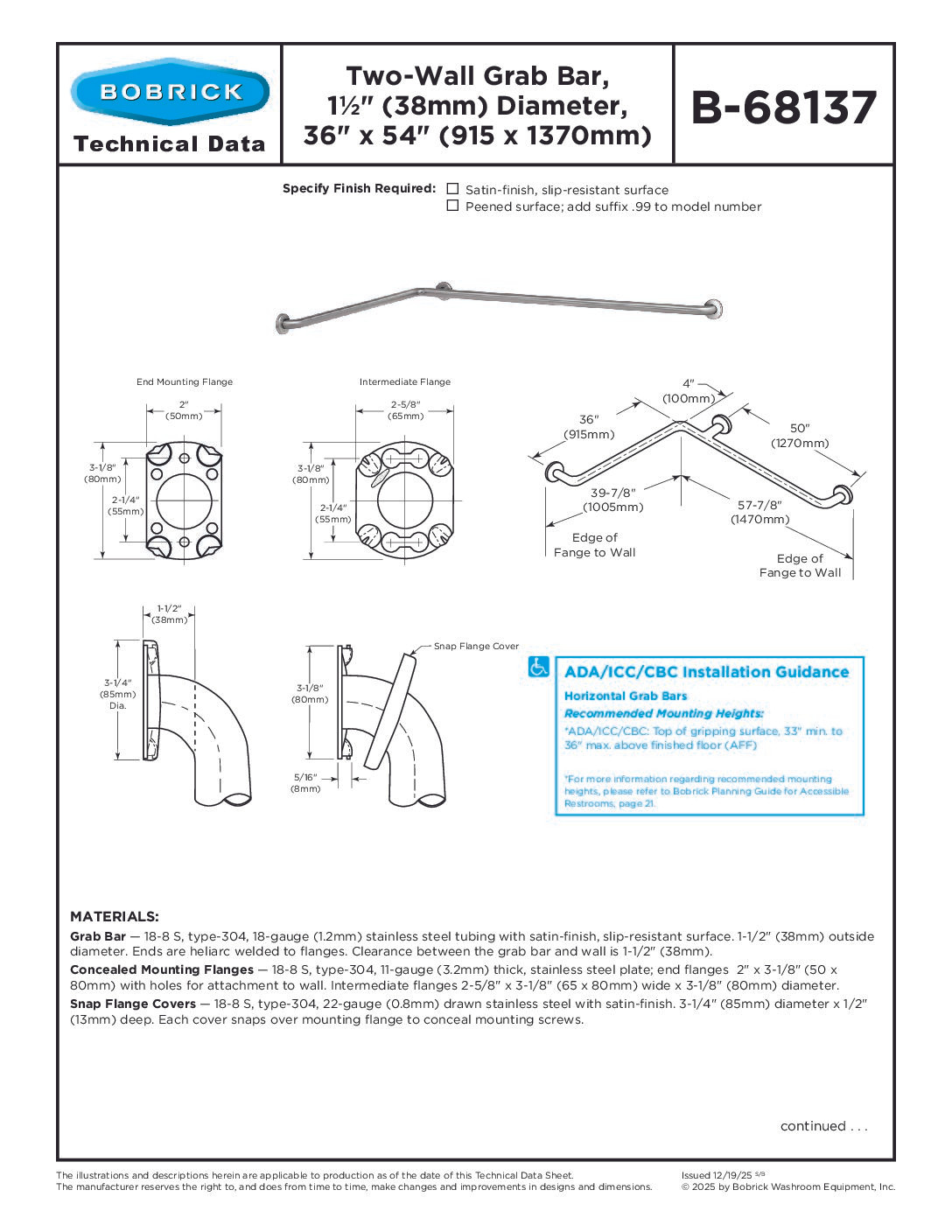 Bobrick B-68137 Two-Wall Grab Bar, 1-1/2" Diameter, Satin Finish, 36" x 54" — Peened