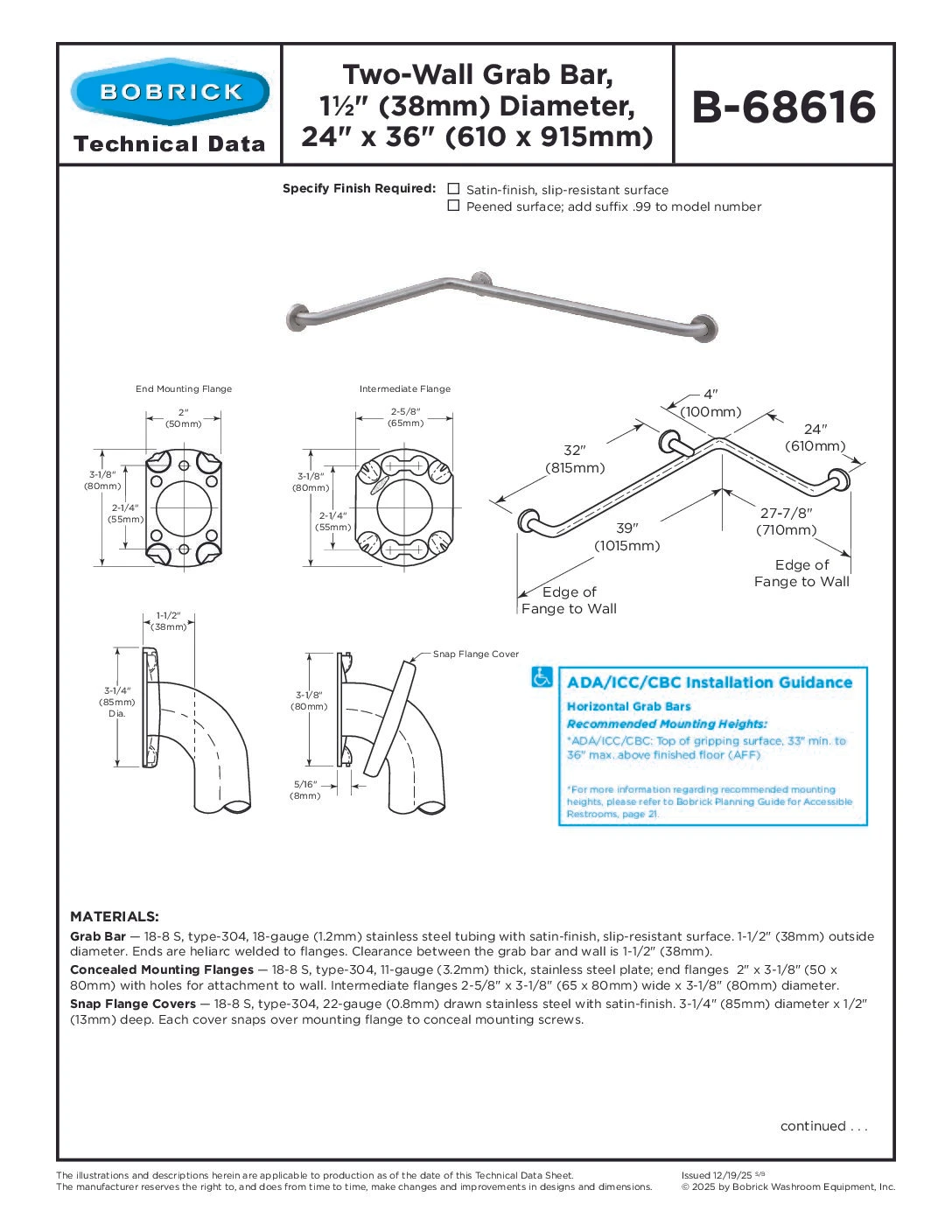 Bobrick B-68616 Two-Wall Grab Bar, 1-1/2" Diameter, Satin Finish, 24" x 36" — Peened
