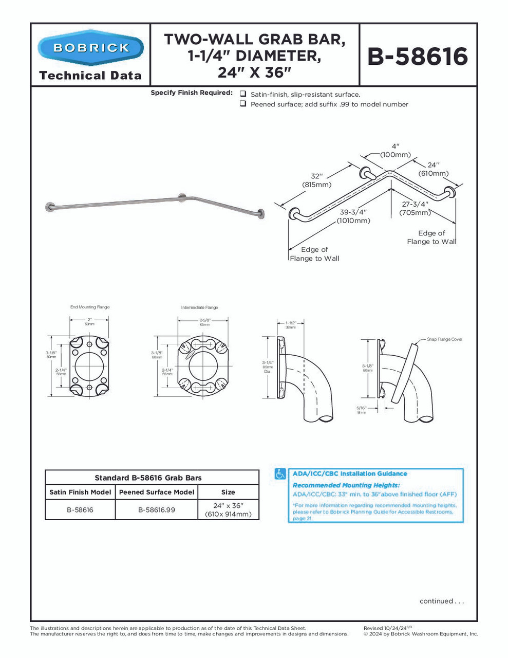 Bobrick Two-Wall Grab Bar – 1-1/4" Diameter — 24" × 36" / Standard