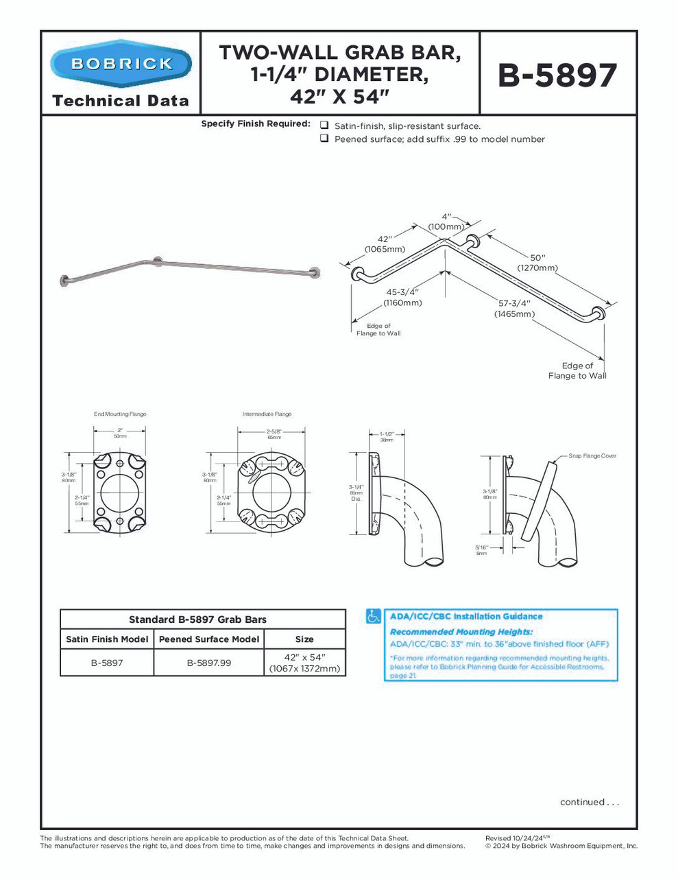 Bobrick Two-Wall Grab Bar – 1-1/4" Diameter — 42" × 54" / Standard