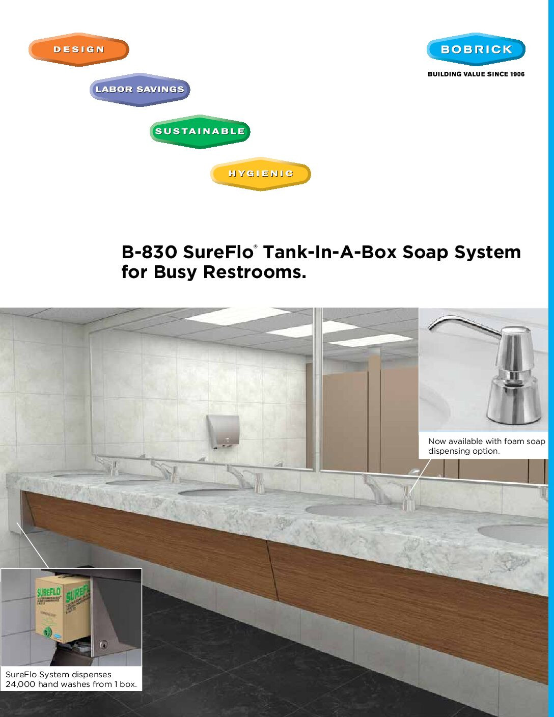 Bobrick B-830 SureFlo® Cabinet for Manual Multi-Feed Foam or Liquid Soap Dispensing System, 12-L — Standard