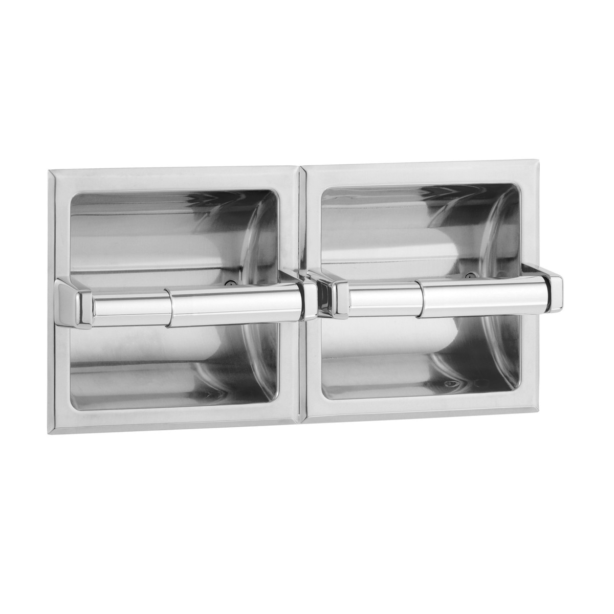 Bobrick Recessed Toilet Tissue Dispenser, Bright Polished, Two Rolls — Satin Finish