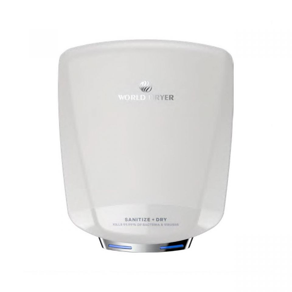 World Dryer SANITIZE + DRY S-773A  Stainless Steel Automatic Surface-Mount Sanitizing Hand Dryer | 120-277V, 950-1,150W — Aluminum, Two-Tone White