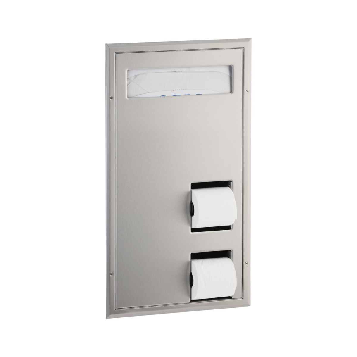 Bobrick B-34715 Partition-Mounted Toilet Tissue / Seat Cover Dispenser, Left Side While Seated, Satin Finish