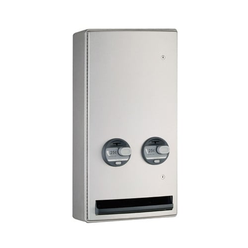 Bobrick B-47069 25 Surface-Mounted Napkin-Tampon Dispenser, 25-Cent Operation, Satin Finish