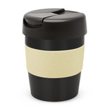 A drink bottle featuring a black body with a cream band and a black lid, including a logo.