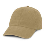 A faded cap in a neutral beige color with a curved brim and six-panel structure.