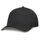 A black cap featuring a classic design with a curved brim and an adjustable strap.