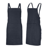 A dark blue denim bib apron with a front pocket and adjustable straps featured from two angles.