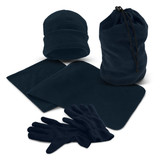 A polar fleece set featuring a beanie, gloves, a scarf, and a drawstring bag in navy blue.