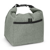 A green lunch cooler bag with a black strap and pocket on the side, featuring a logo.