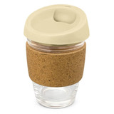 A drink bottle with a clear glass body, a cork band, and a beige silicone lid.