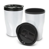 A silver coffee cup with a black lid, featuring a curved design and an inner compartment. It has a branding logo.