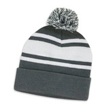 A green and white beanie with a pom pom on top and horizontal stripes. It features a folded cuff.
